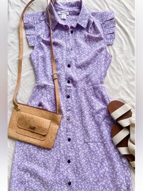 Monteau Lavender Floral Button-Front Midi Dress